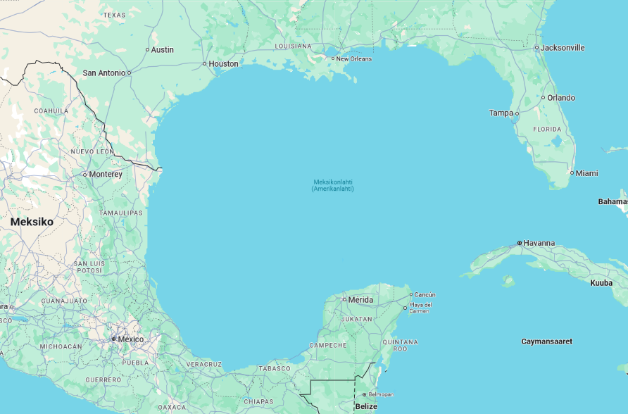 Screenshot of Google Maps in Finnish. Gulf of Mexico is labeled "Meksikonlahti (Amerikanlahti)"