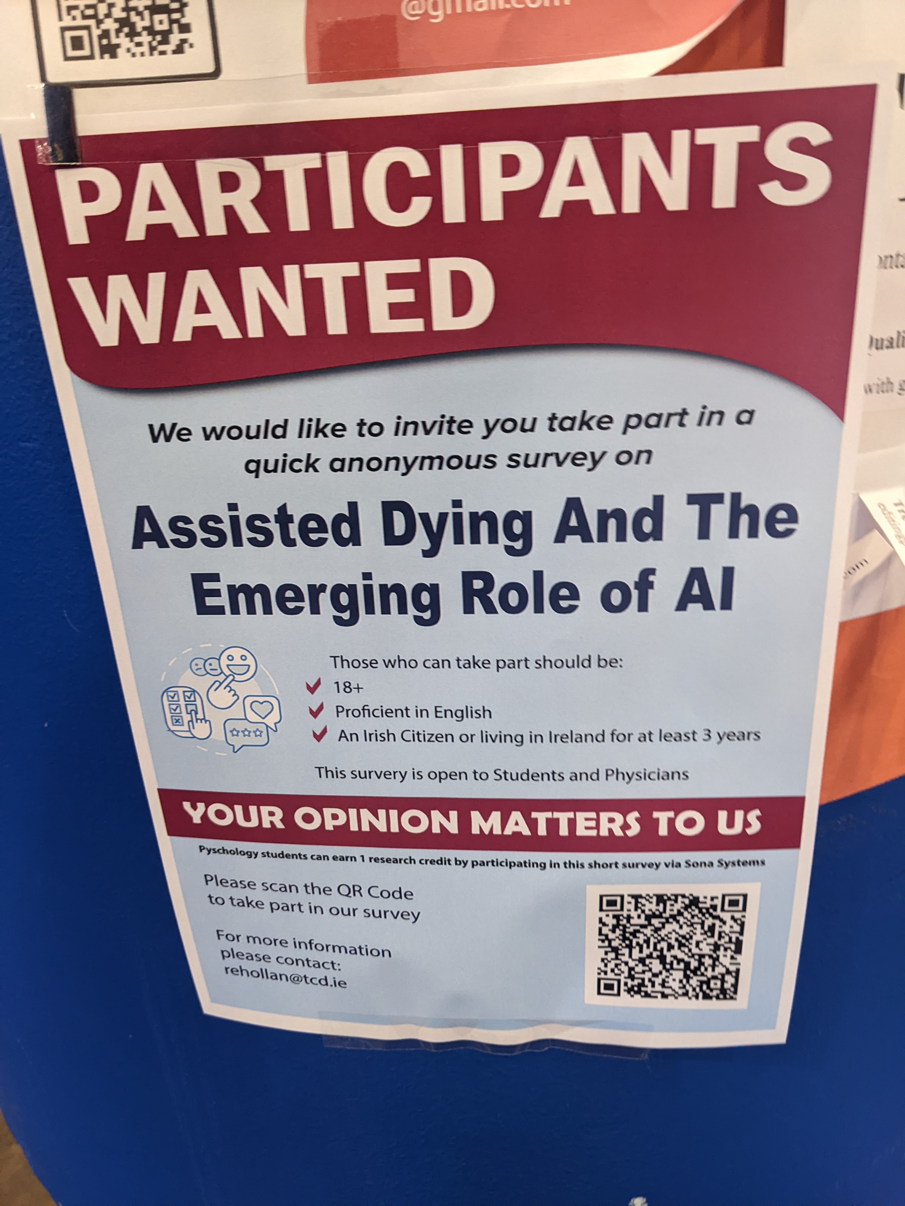 A poster advertising a survey on "Assisted Dying and the Emerging Role of AI"