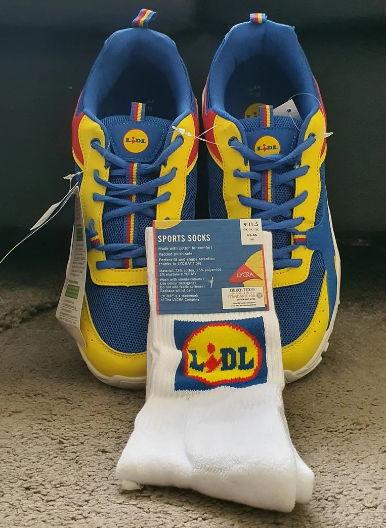 A photo of some Lidl brand shoes and Lidl brand socks.