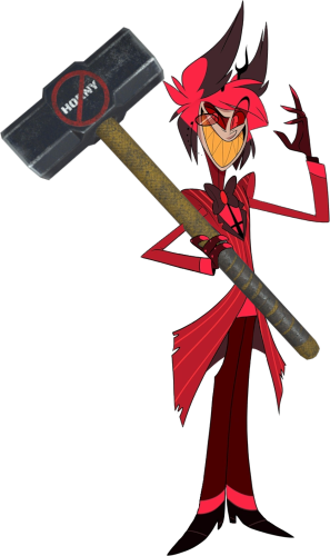 Alastor holding a giant hammer that has the crossed-out word "horny" written on it