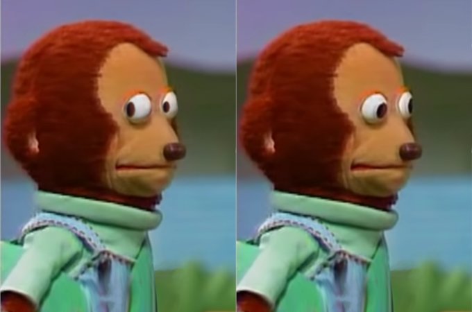 2 images side-by-side of a dire/grim looking puppet first glancing to the left then right