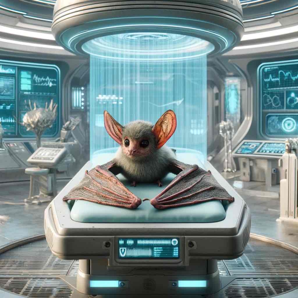 a bat lying on a medical bed inside a futuristic sick bay