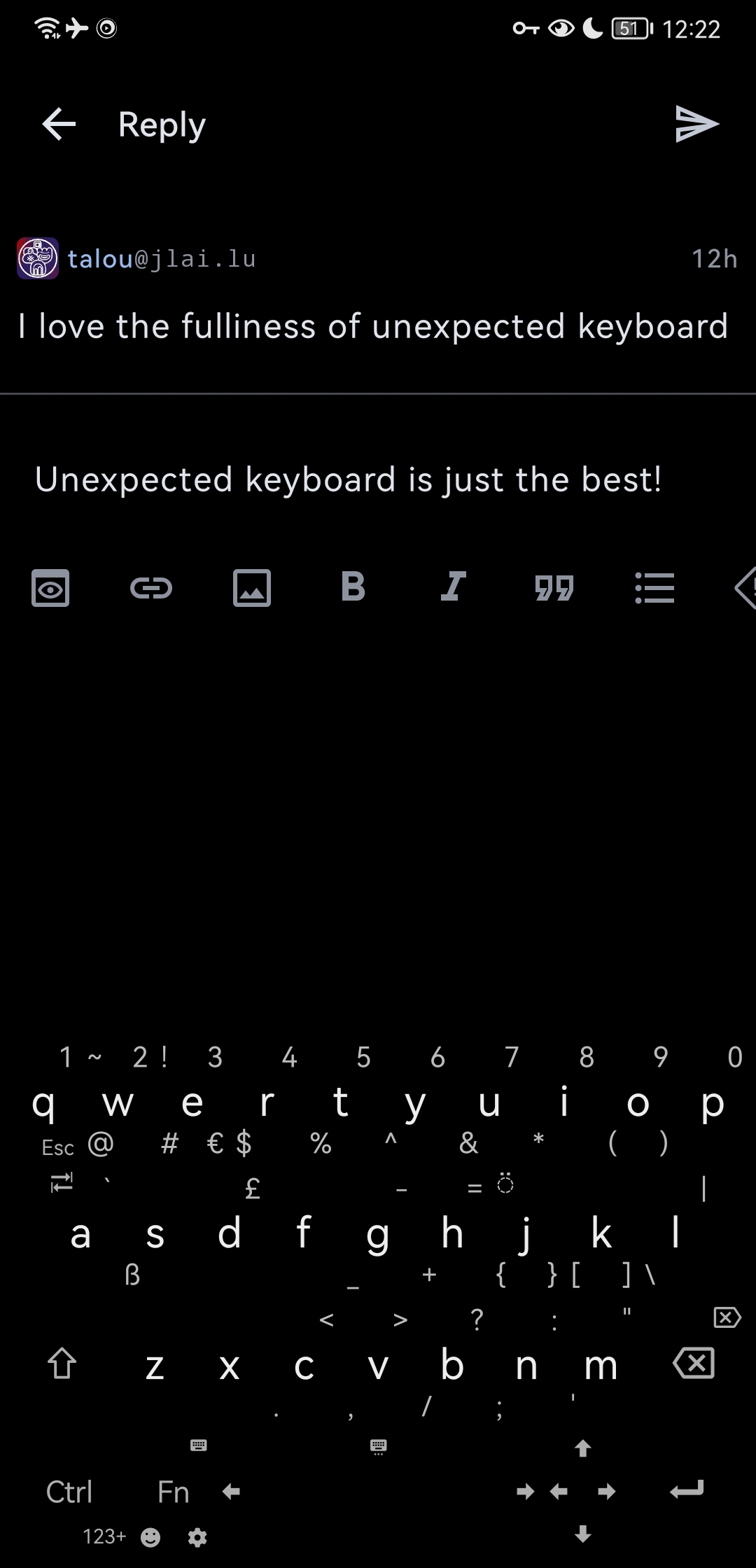 screenshot of the unexpected keyboard while writing this response