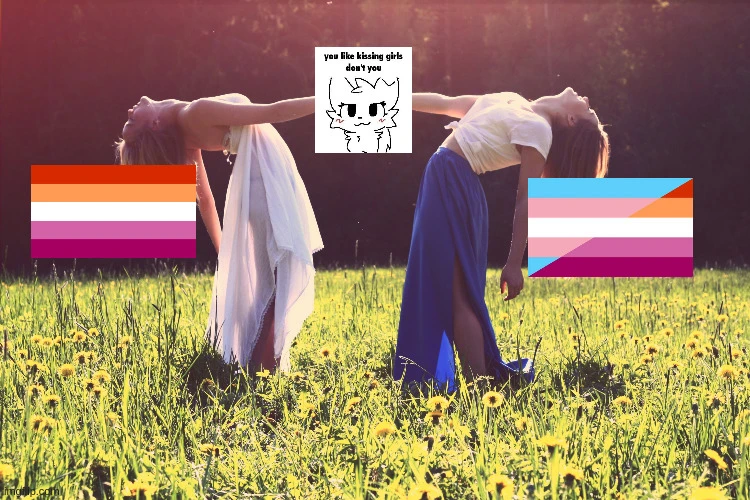 Picture of two lesbians with a lesbian flag on the left and a trans-lesbian flag on the right (so You know they're lesbians) in a field holding hands (as not to fall) while bending away from each other. In the middle a girlkisser edit saying: "You like kissing girls don't you"