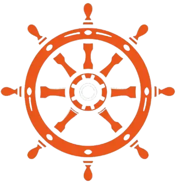 First Mate: a pirate ship's steering wheel, orangered color