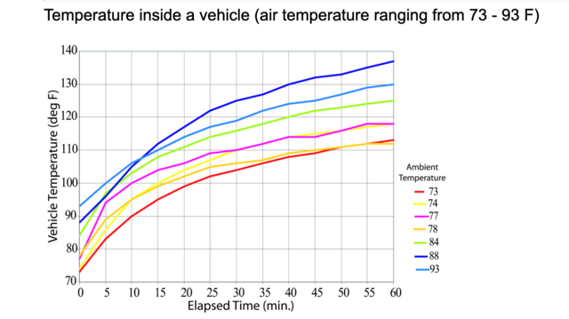 A graph showing the temperature the inside of a car can reach in the sun
