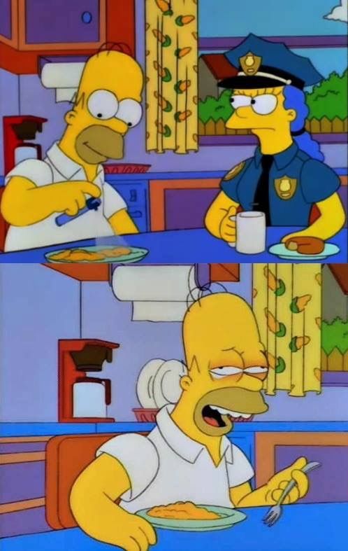 Simpsons screenshots: 1) homer pepper spraying his eggs before taking a bite 2) homer, his eyes red